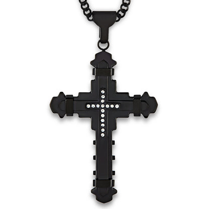Men's Black Plated Stainless Steel Cubic Zirconia Cross Pendant - 24"