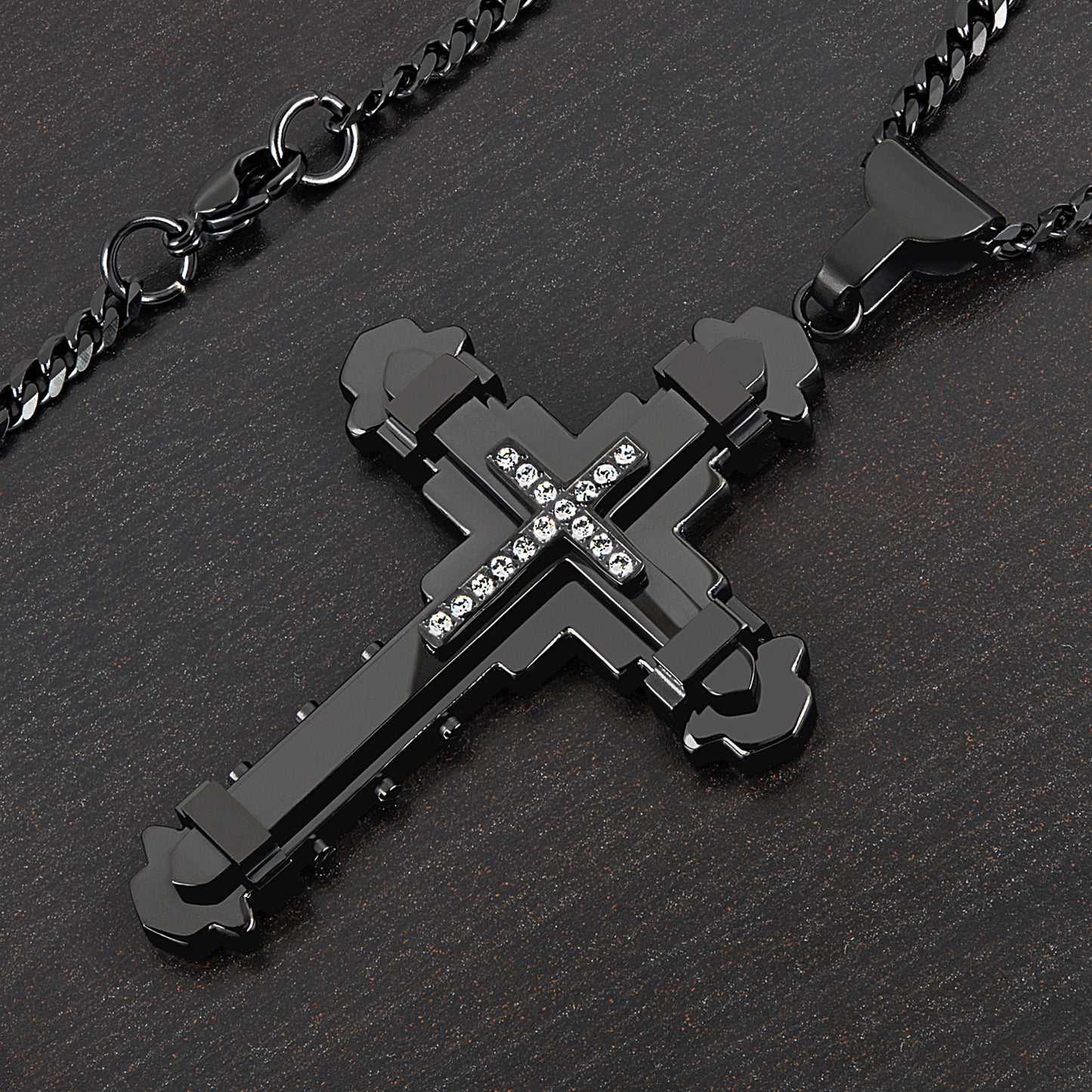 Men's Black Plated Stainless Steel Cubic Zirconia Cross Pendant - 24"
