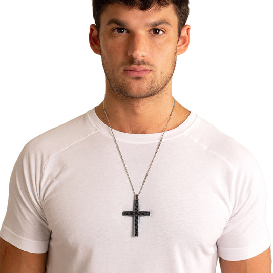 Men's Large Size Black Carbon Fiber Cross Stainless Steel Necklace