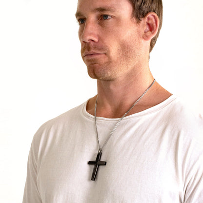 Men's Large Size Black Carbon Fiber Cross Stainless Steel Necklace