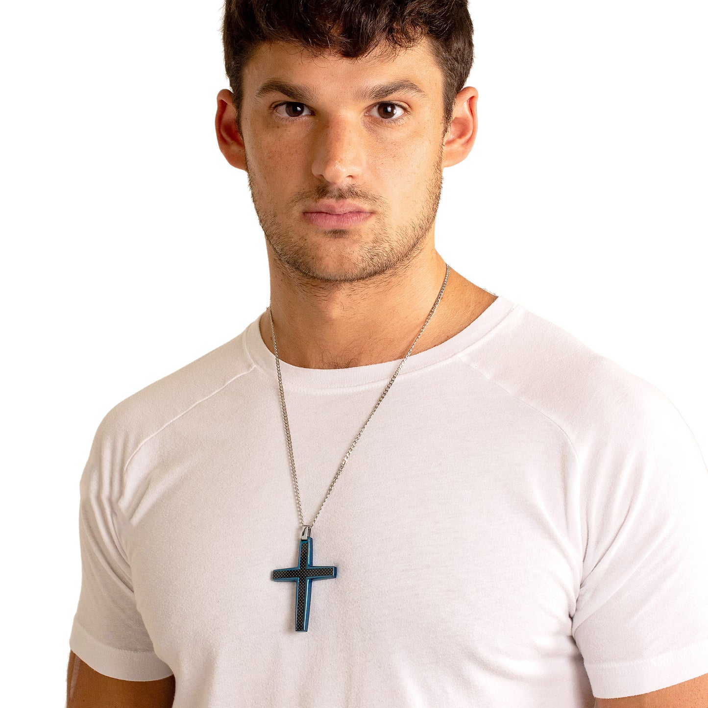 Men's Large Size Black Carbon Fiber Cross Stainless Steel Necklace