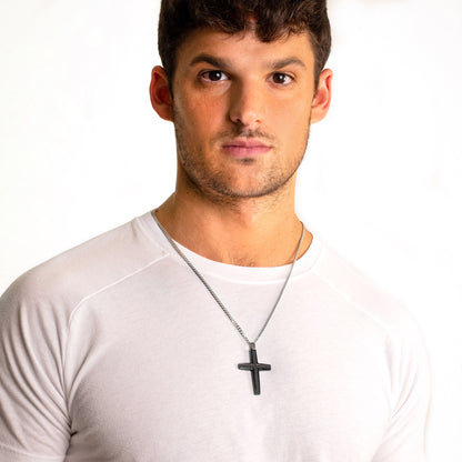 Men's Polished Medium Size Black Carbon Fiber Steel Cross Necklace