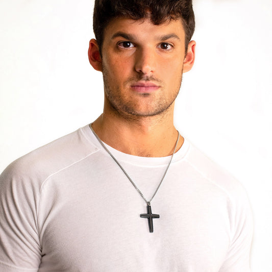 Men's Polished Medium Size Black Carbon Fiber Steel Cross Necklace
