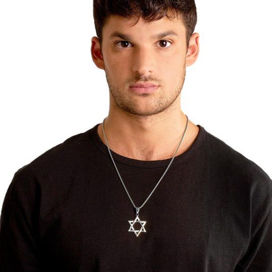 Large Star of David Polished Stainless Steel Necklace - 24"