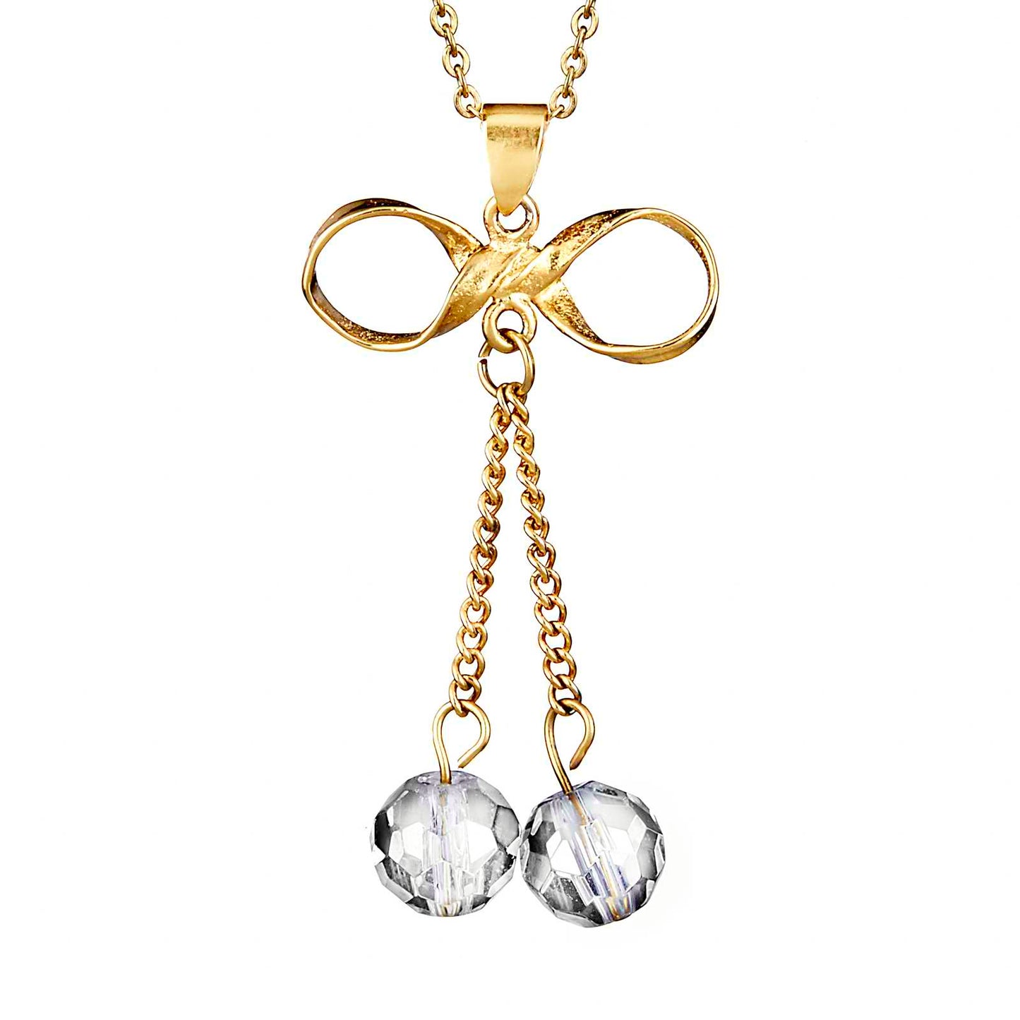 Women's Dangling Beads Bow Shaped Gold Plated Steel Necklace - 18"