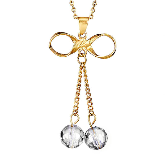 Women's Dangling Beads Bow Shaped Gold Plated Steel Necklace - 18"