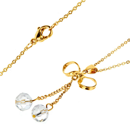 Two Crystal Drops Bowtie Pendant Gold Plated Stainless Steel Necklace - 18"