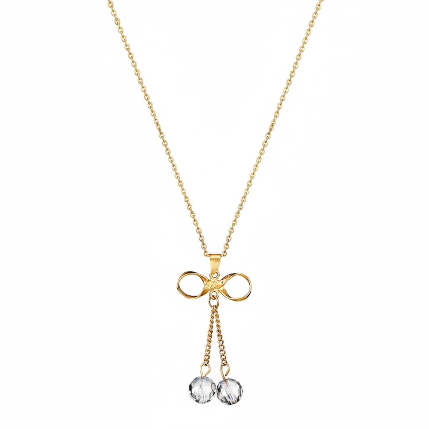Women's Dangling Beads Bow Shaped Gold Plated Steel Necklace - 18"