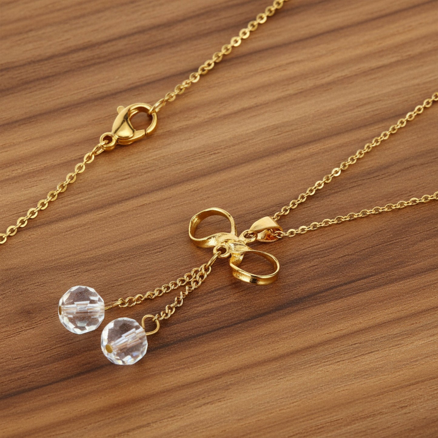 Women's Dangling Beads Bow Shaped Gold Plated Steel Necklace - 18"