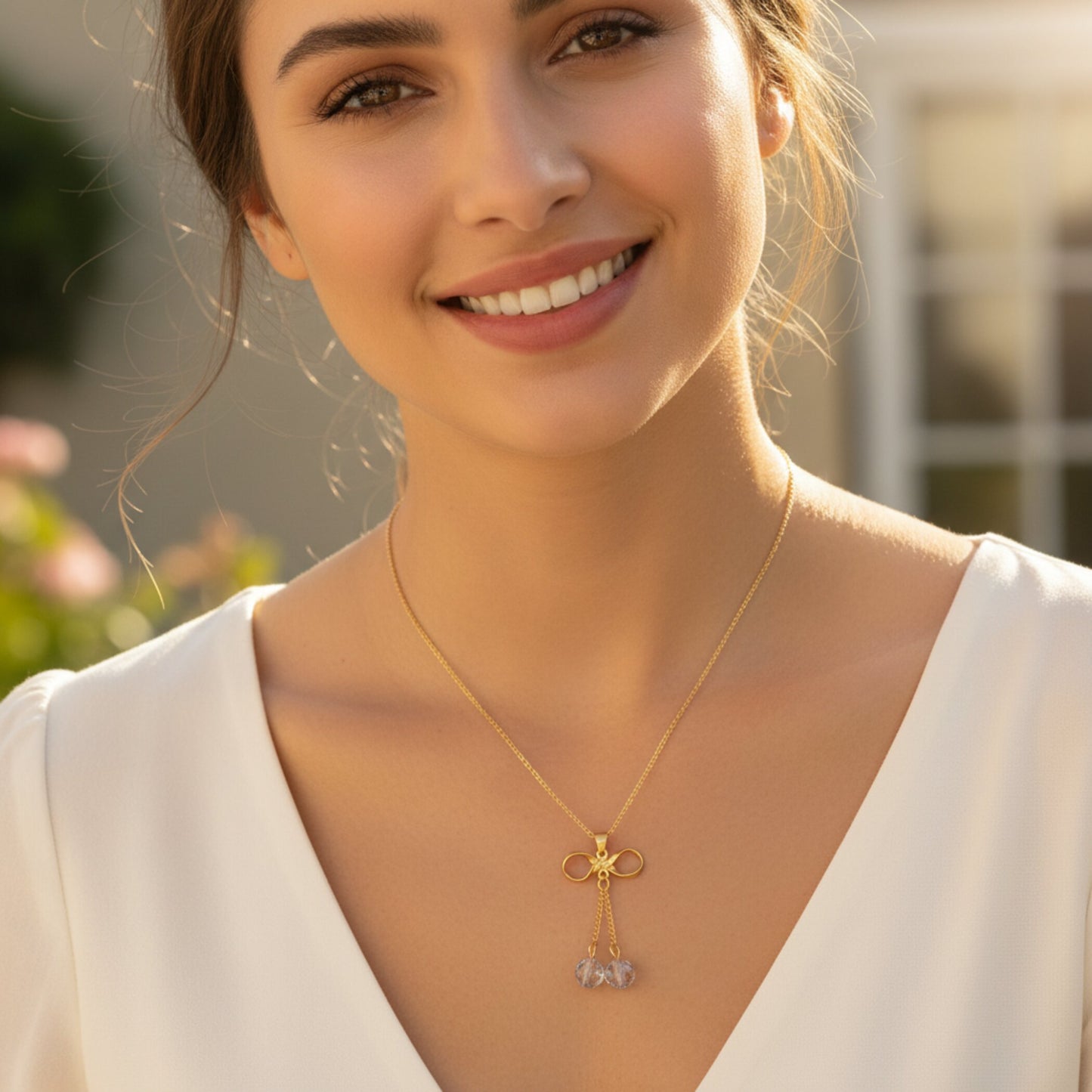 Women's Dangling Beads Bow Shaped Gold Plated Steel Necklace - 18"