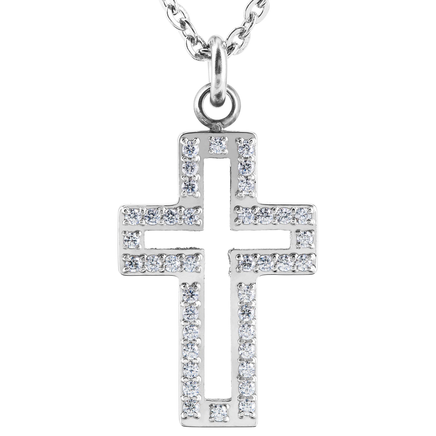 Women's Cubic Zirconia Cut Out Cross Steel Necklace - 19"