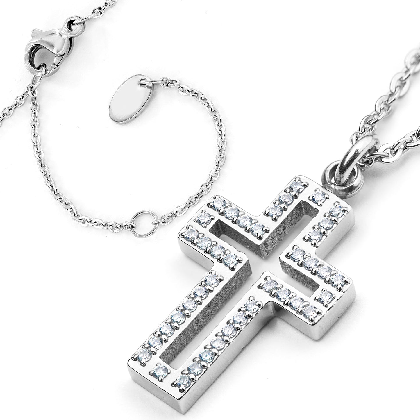 Women's Cubic Zirconia Cut Out Cross Steel Necklace - 19"