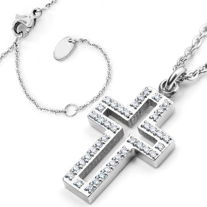 Women's Cubic Zirconia Cut Out Cross Steel Necklace - 19"
