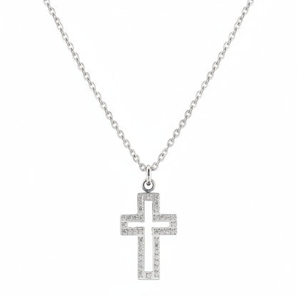 Women's Cubic Zirconia Cut Out Cross Steel Necklace - 19"