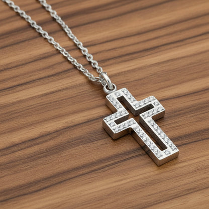Women's Cubic Zirconia Cut Out Cross Steel Necklace - 19"