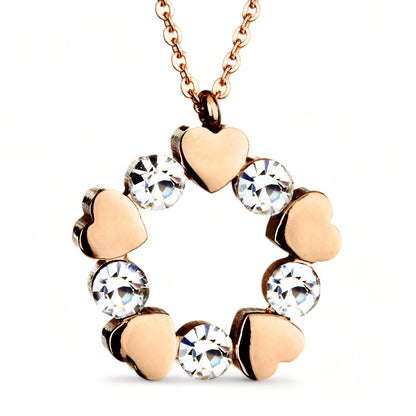 Polished Cubic Zirconia and Heart Circle Pendant Rose Gold Plated Stainless Steel Necklace - 18"