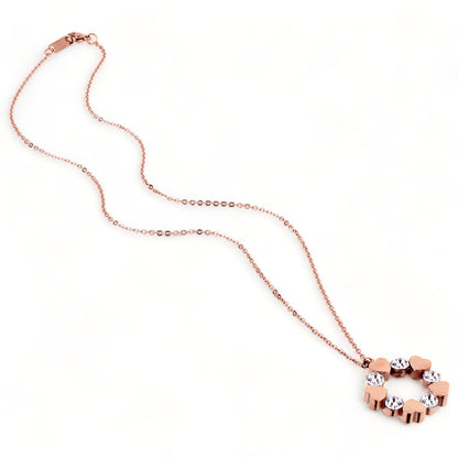 Polished Cubic Zirconia and Heart Circle Pendant Rose Gold Plated Stainless Steel Necklace - 18"