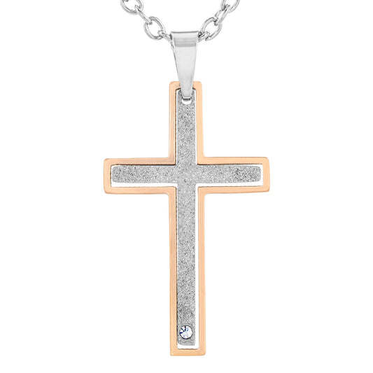 Sandblasted CZ 2-Piece Layered Cross Two-Tone Stainless Steel Pendant - 19"