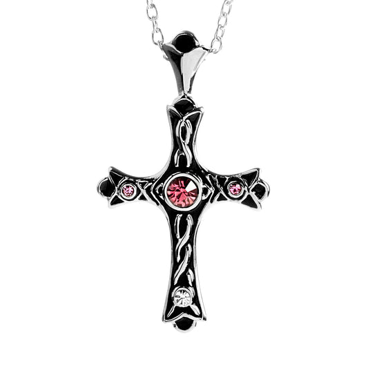 ELYA Pink Crystal Budded Black Enamel Cross Stainless Steel Pendant Necklace - 19"