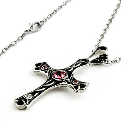 ELYA Pink Crystal Budded Black Enamel Cross Stainless Steel Pendant Necklace - 19"