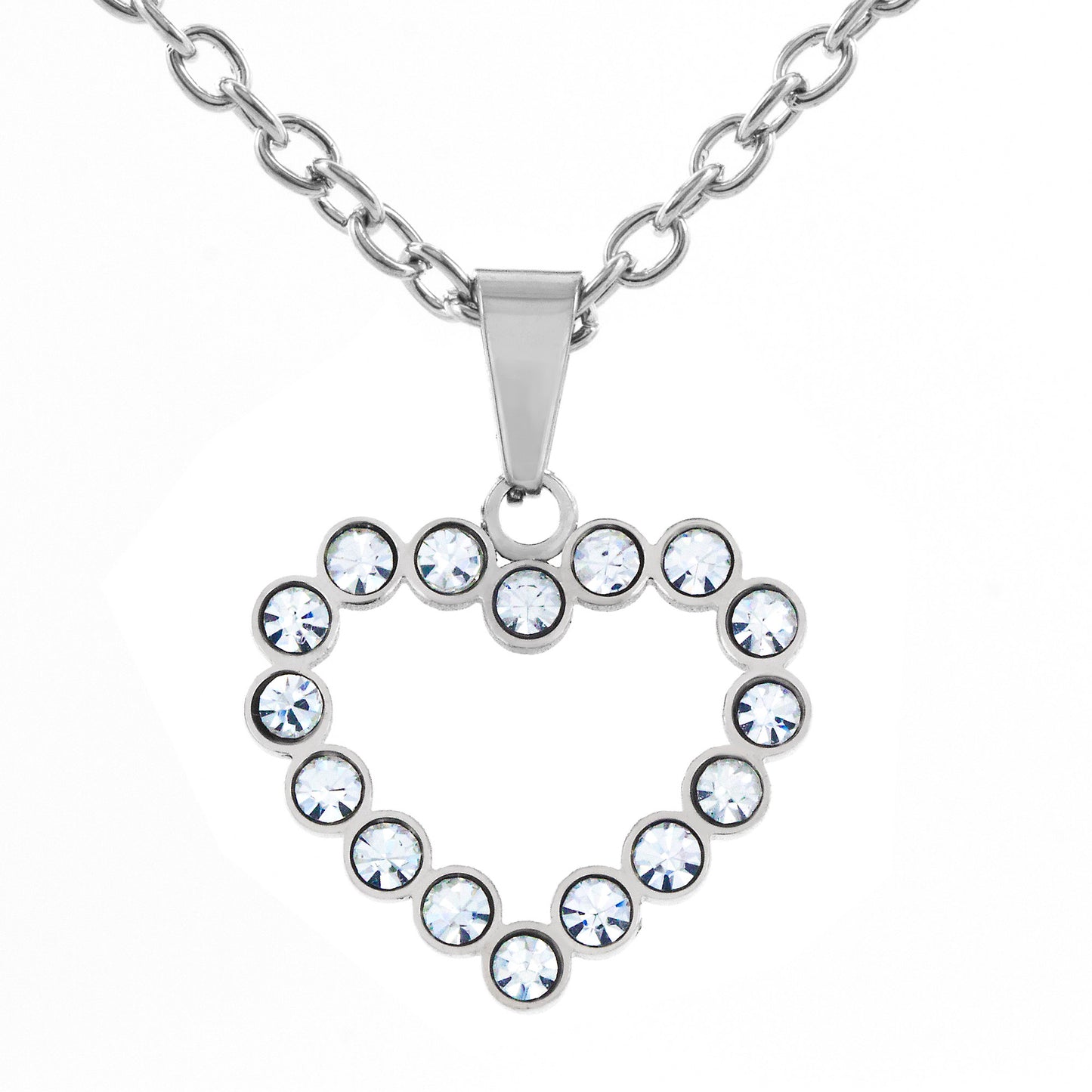 Cubic Zirconia Open Heart Pendant Stainless Steel Necklace - 19"
