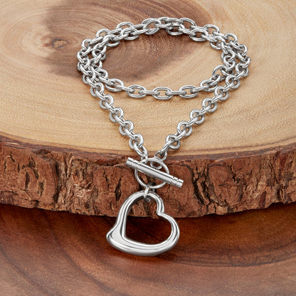 ELYA Women's Polished Open Heart Toggle Cable Chain Stainless Steel Pendant Necklace