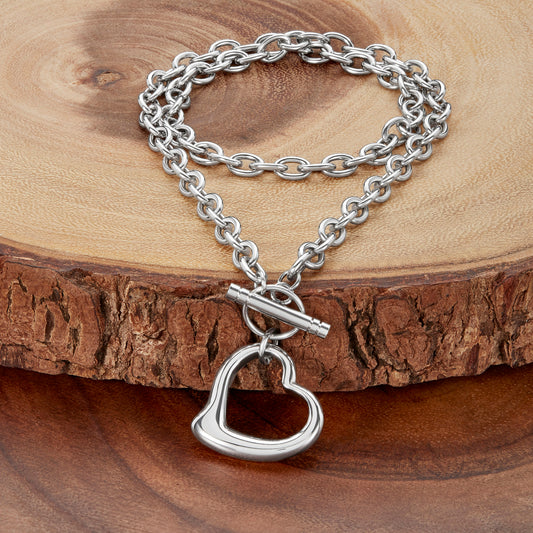 ELYA Women's Polished Open Heart Toggle Cable Chain Stainless Steel Pendant Necklace