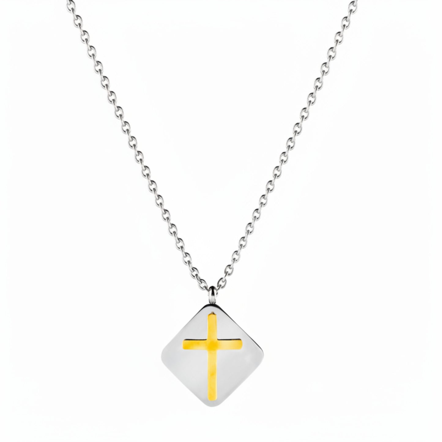 Women's Polished Gold Cross Domed Diamond-Shape Two-Tone Steel Necklace - 16"