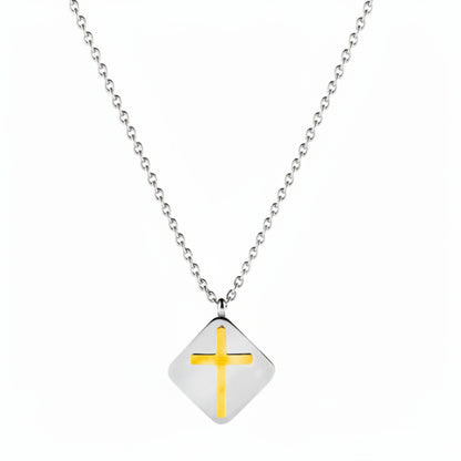 Women's Polished Gold Cross Domed Diamond-Shape Two-Tone Steel Necklace - 16"