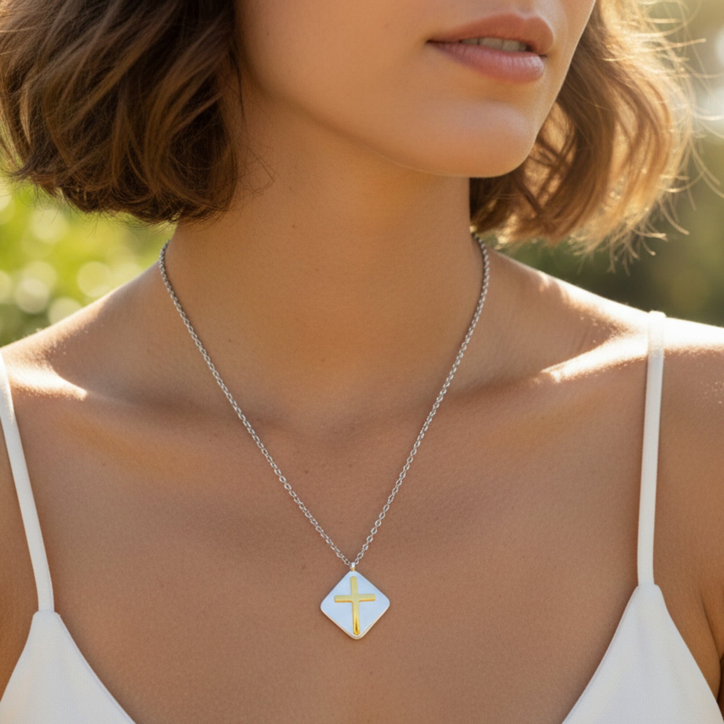 Women's Polished Gold Cross Domed Diamond-Shape Two-Tone Steel Necklace - 16"