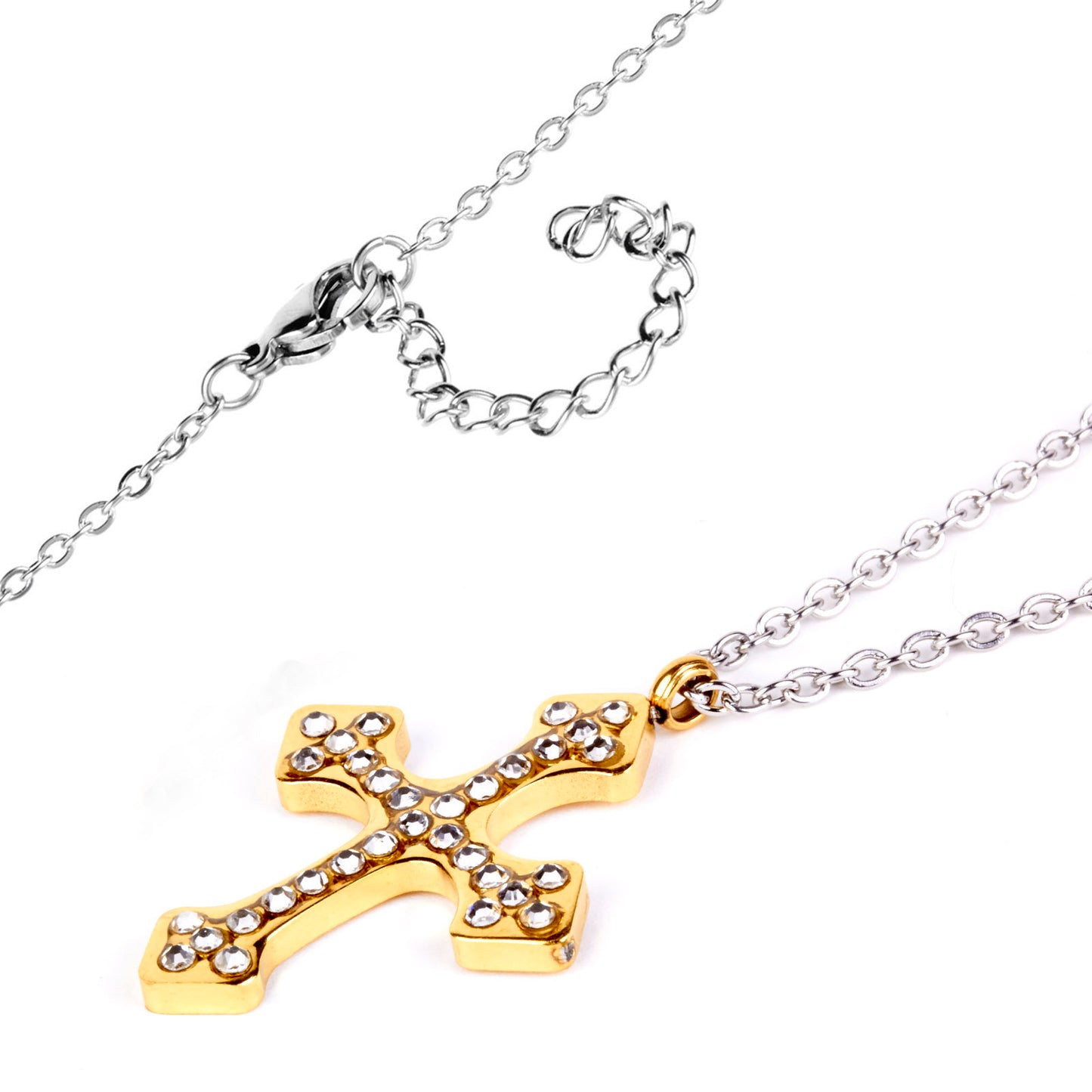 ELYA Cubic Zirconia Cross Gold Plated Stainless Steel Pendant Necklace - 18"