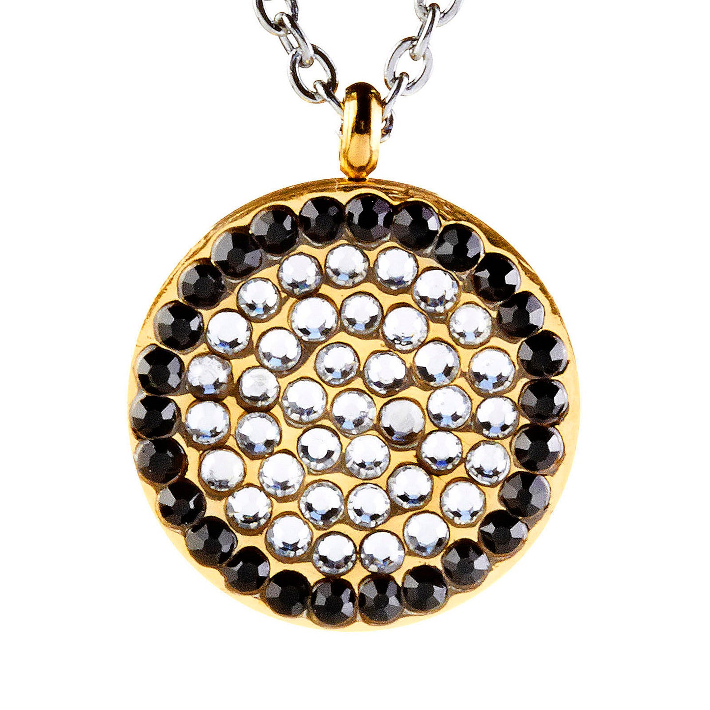 ELYA Black and Clear Cubic Zirconia Circular Gold Plated Stainless Steel Pendant Necklace - 16"