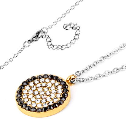 ELYA Black and Clear Cubic Zirconia Circular Gold Plated Stainless Steel Pendant Necklace - 16"