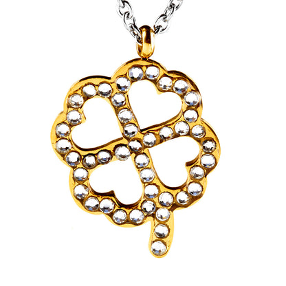 ELYA Cubic Zirconia Inlaid Clover Gold Plated Stainless Steel Pendant Necklace - 16"