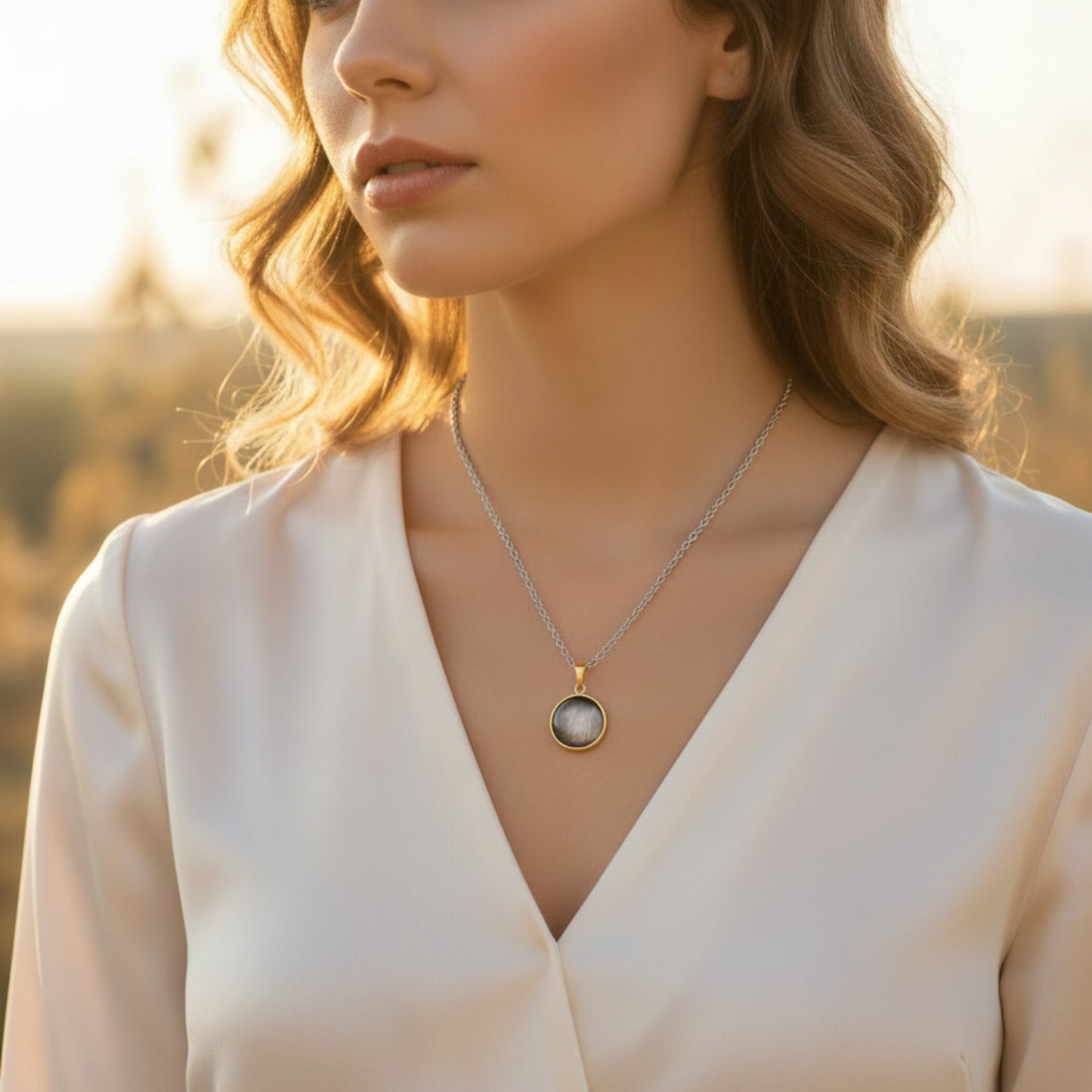 ELYA Women's Polished Cat's Eye Gold Plated Steel Pendant Necklace - 19"