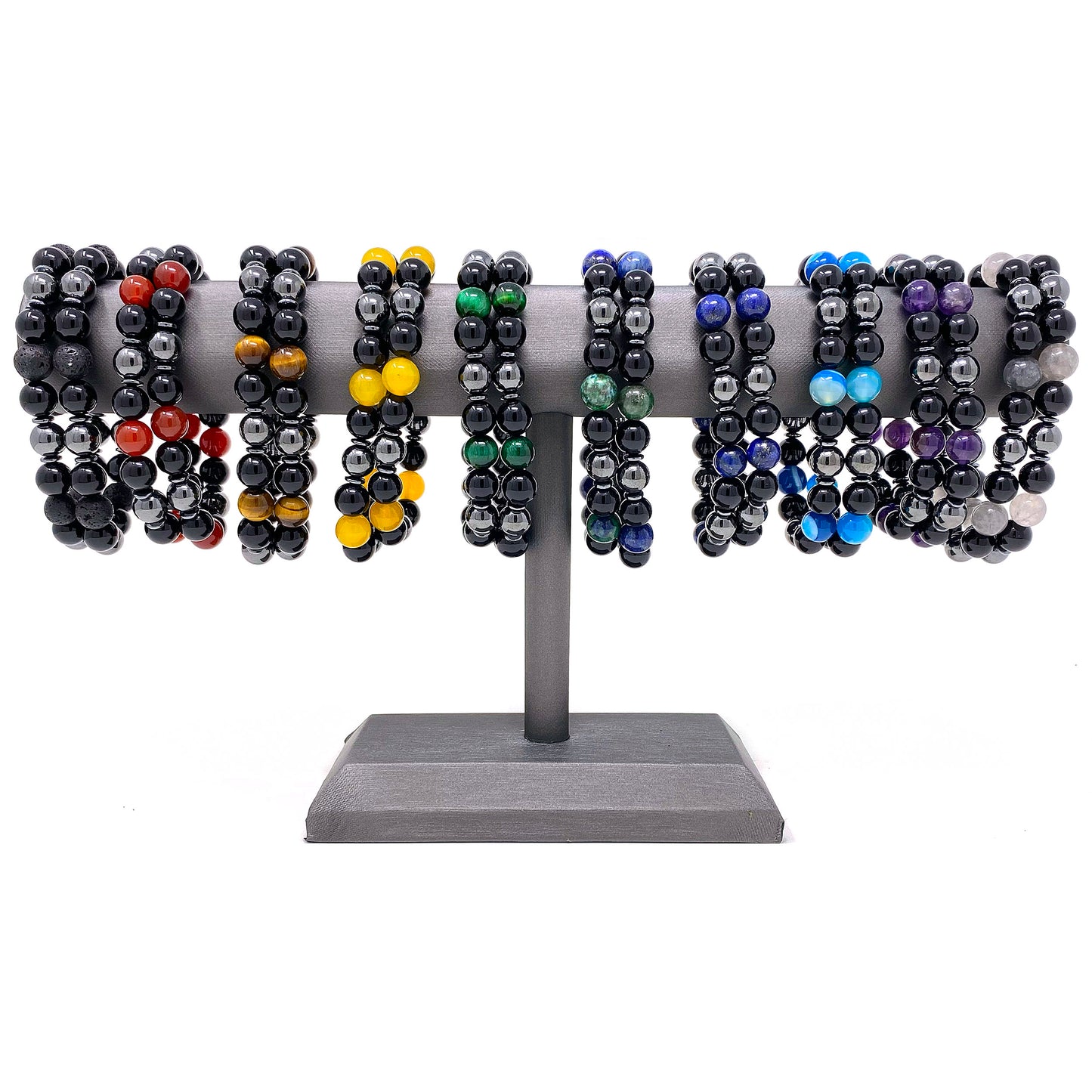 Men's 20 Piece 10mm Natural Stones with Magnetic Hematite and Onyx Stretch Bracelet Pack