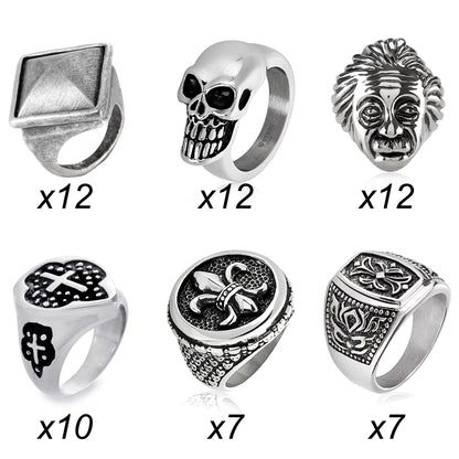 Men's 60 Piece 6 Styles Biker Gothic Steel Variety Ring Pack