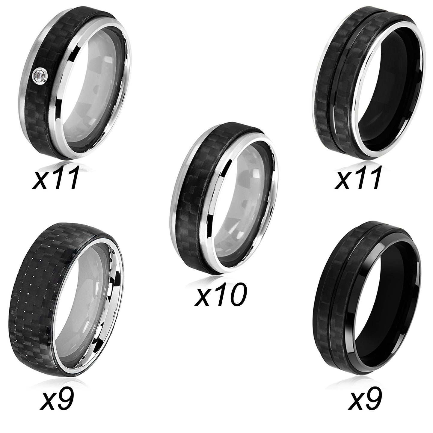 Men's 50 Piece 5 Styles Black Carbon Fiber Variety Ring Pack