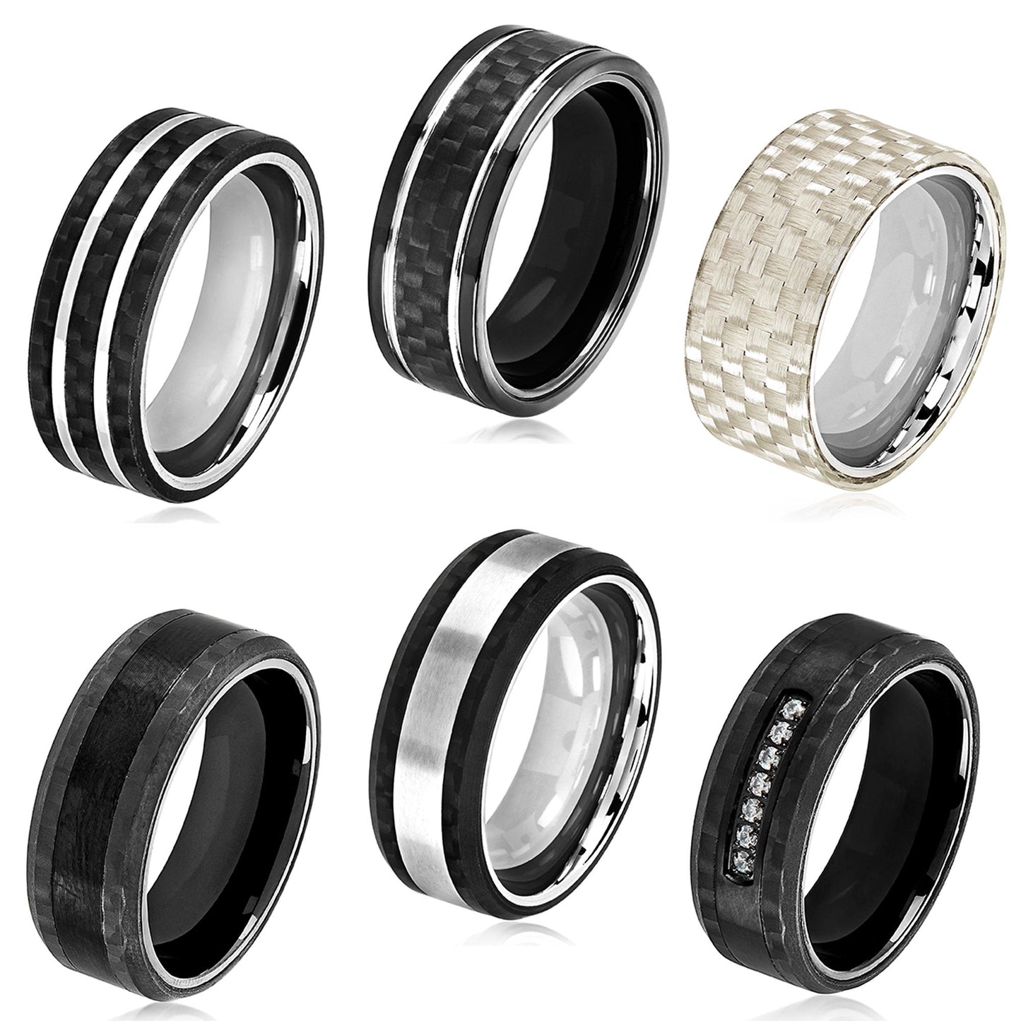 Men's 60 Piece 6 Styles Carbon Fiber Steel Variety Ring Pack