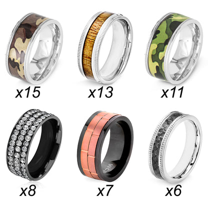 Men's 60 Piece 6 Styles Stainless Steel Variety Ring Pack