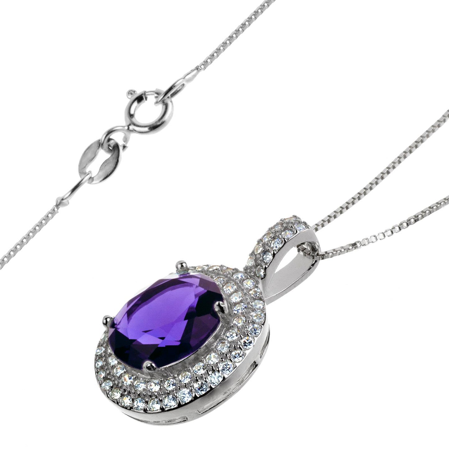 ELYA Oval Cubic Zirconia Double Halo Sterling Silver Pendant Necklace
