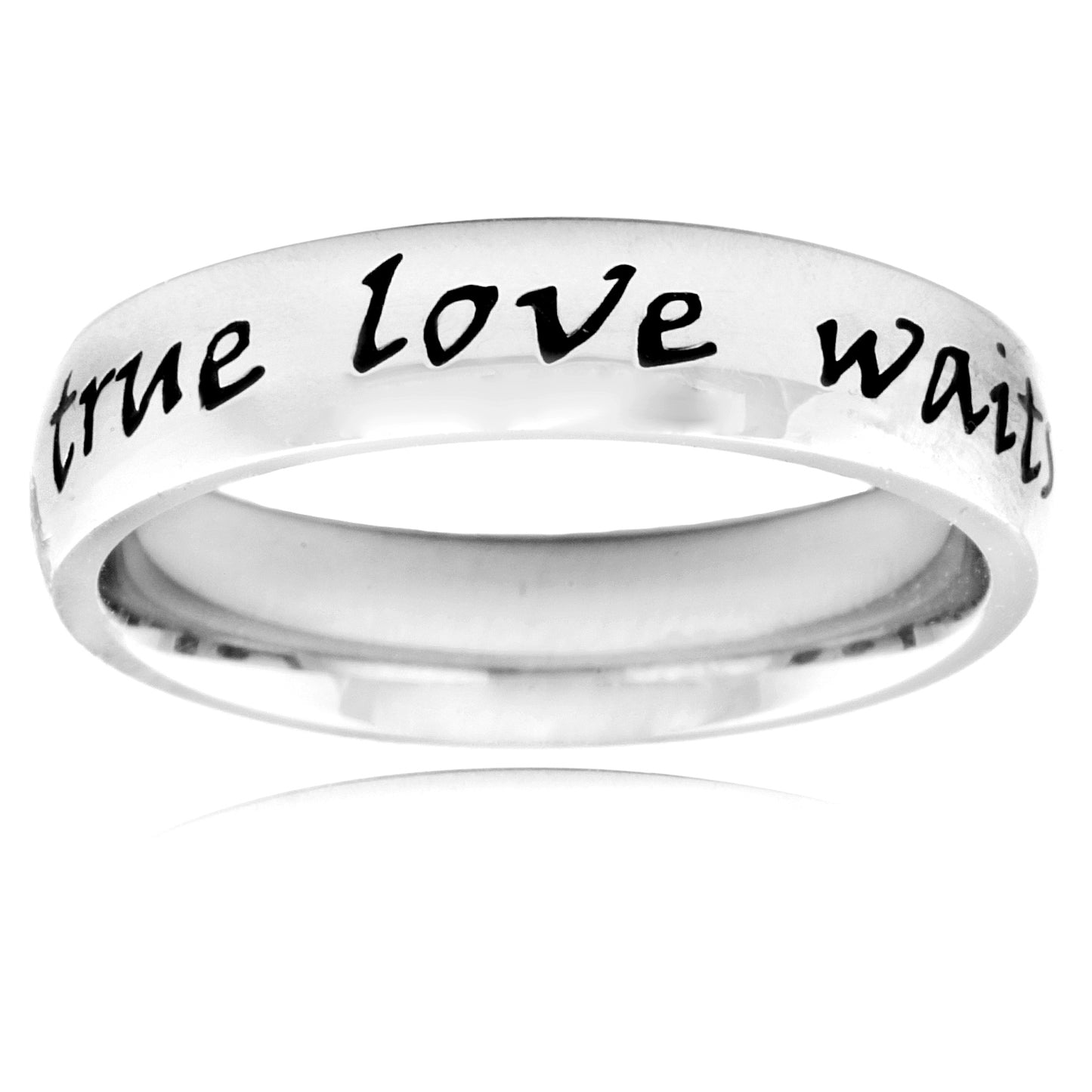 Polished 'True Love Waits' Script Stainless Steel Ring (4mm)