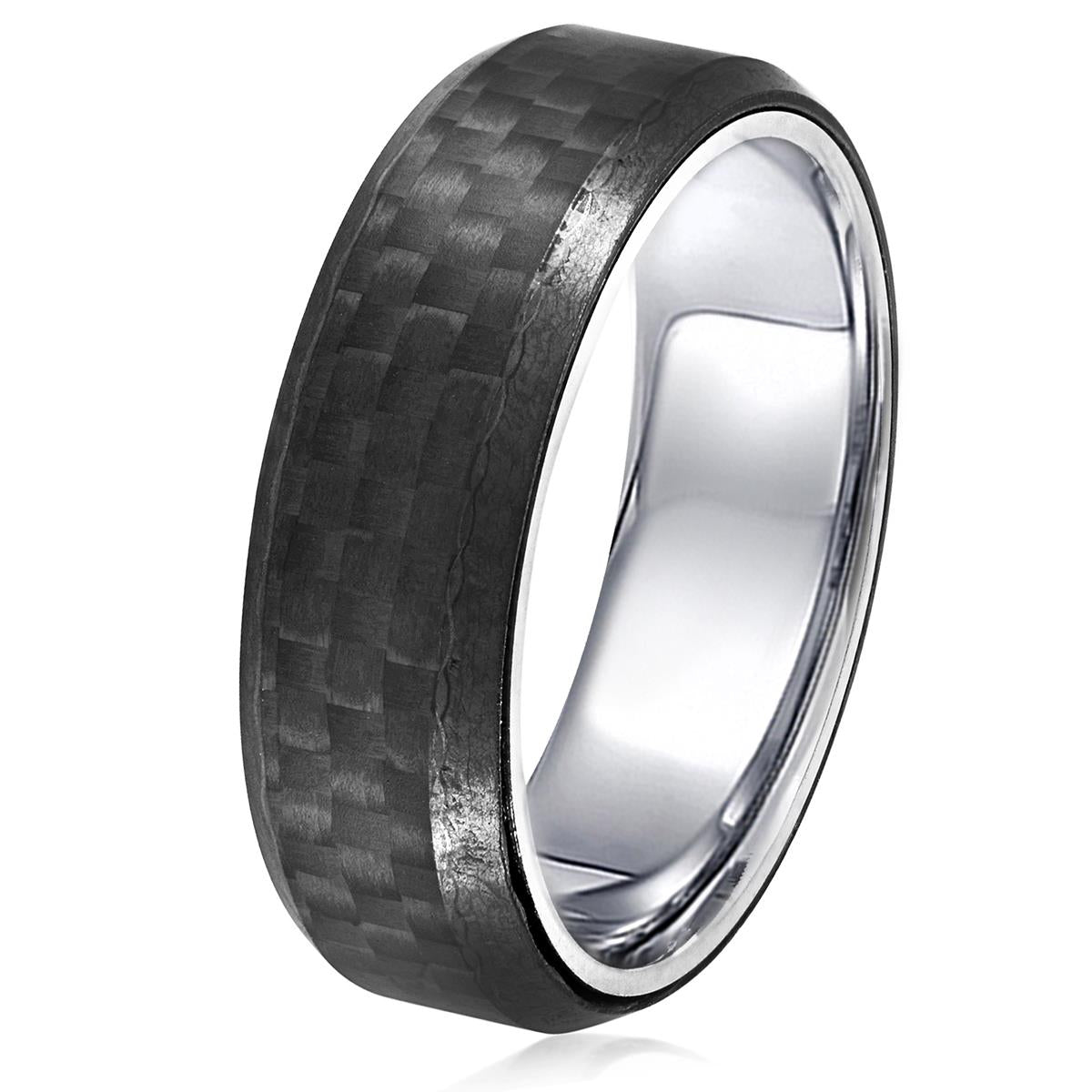 Crucible Jewelry Men's Stainless Steel Carbon Fiber Beveled Comfort Fit Ring