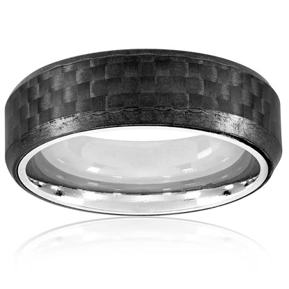 Crucible Jewelry Men's Stainless Steel Carbon Fiber Beveled Comfort Fit Ring