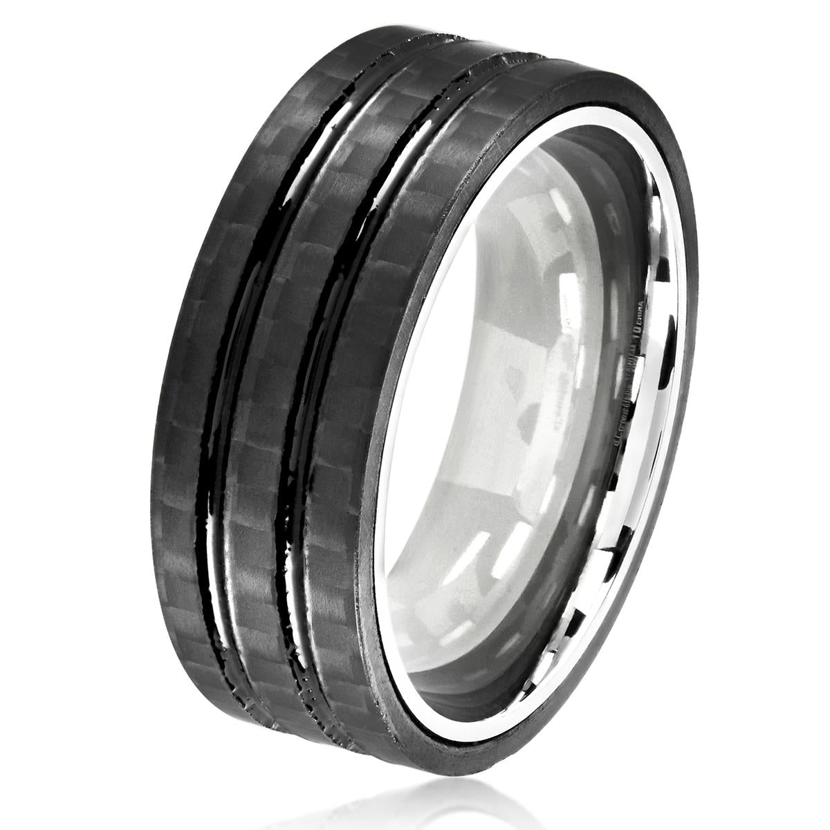 Crucible Jewelry Men's Stainless Steel Carbon Fiber Dual Grooved Comfort Fit Ring