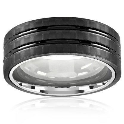 Crucible Jewelry Men's Stainless Steel Carbon Fiber Dual Grooved Comfort Fit Ring