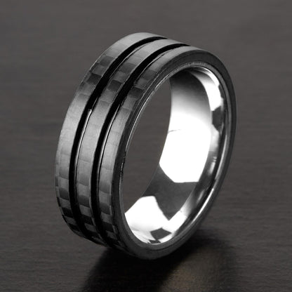 Crucible Jewelry Men's Stainless Steel Carbon Fiber Dual Grooved Comfort Fit Ring