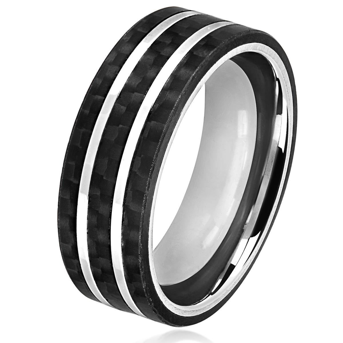 Crucible Jewelry Men's Stainless Steel Carbon Fiber Silver Striped Comfort Fit Ring