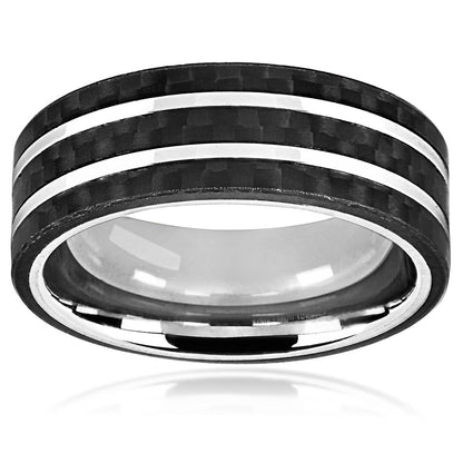 Crucible Jewelry Men's Stainless Steel Carbon Fiber Silver Striped Comfort Fit Ring