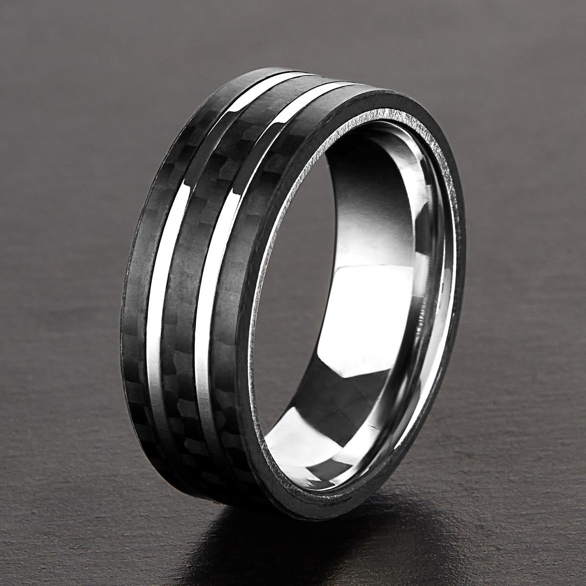 Crucible Jewelry Men's Stainless Steel Carbon Fiber Silver Striped Comfort Fit Ring